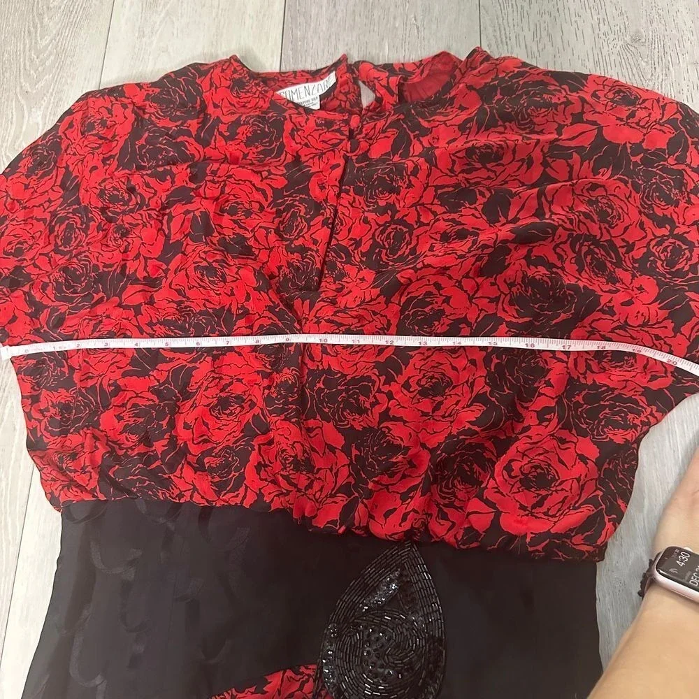 Vintage 100% silk 80s Comenzar black red‎ midi beaded gothic cocktail dress
